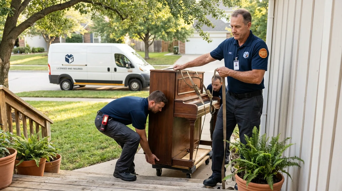 Licensed piano movers securing grand piano in Franklinville, NY
