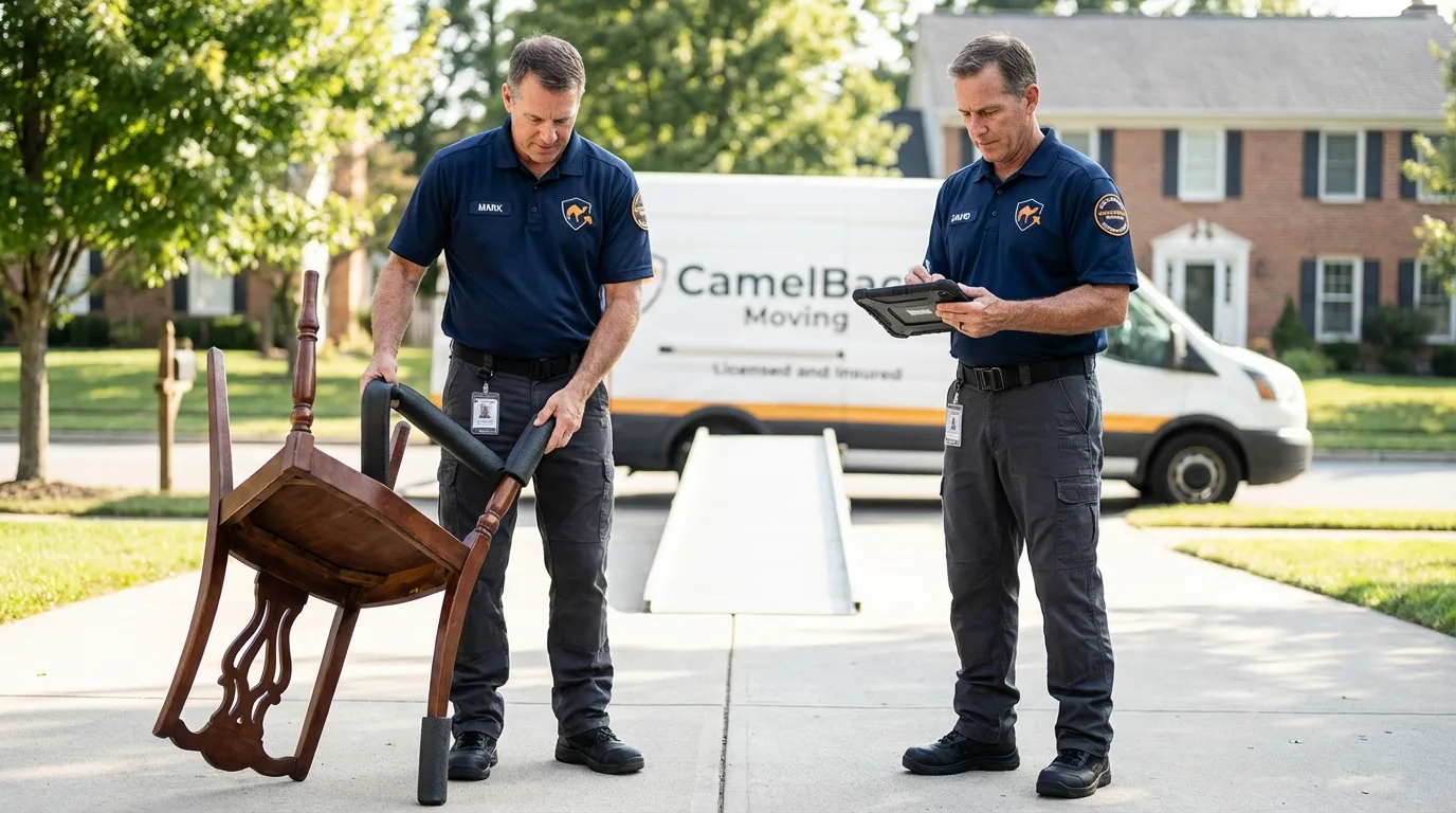 Movers inspecting furniture for damage prevention before loading in Franklinville, NY