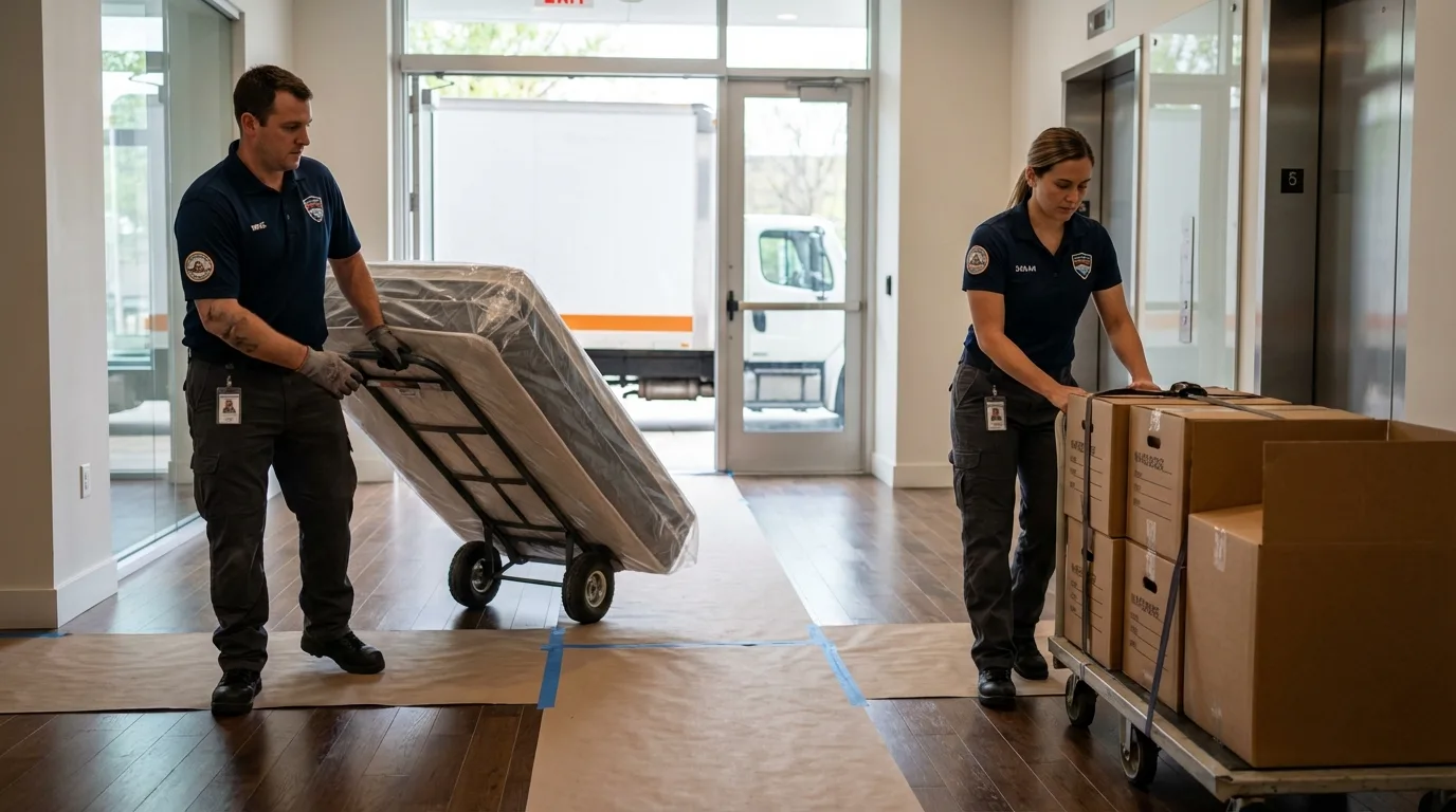 Professional apartment movers loading elevator in Franklinville, NY