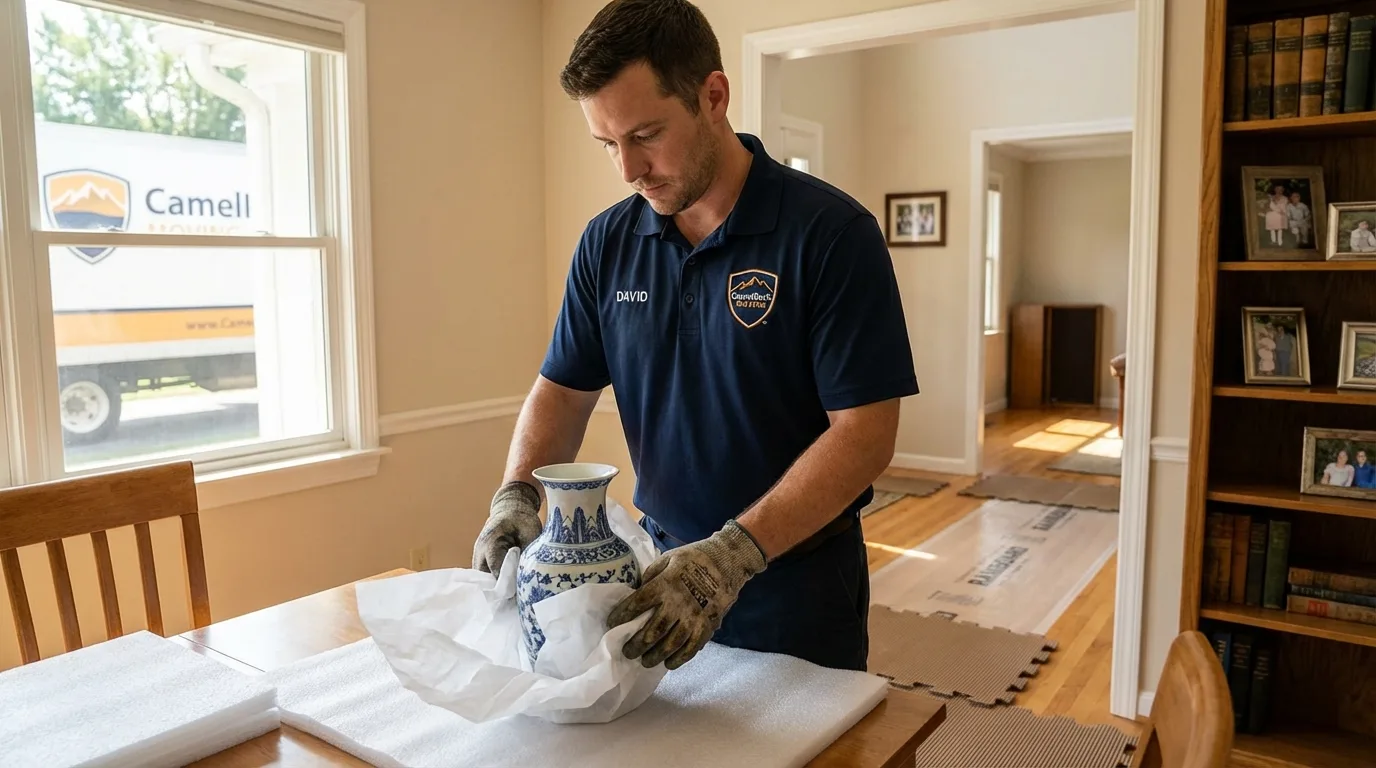 Professional crew carefully wrapping antique vase for senior downsizing move in Franklinville, NY