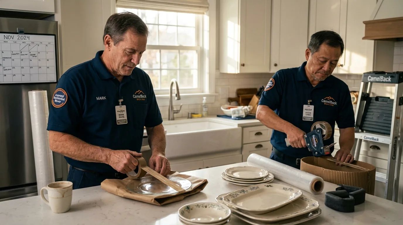 Professional crew packing kitchen dishware in Franklinville, NY